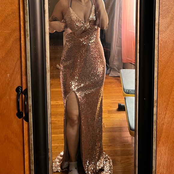 Rose Gold Sequins Dress with slit - Picture 2 of 4
